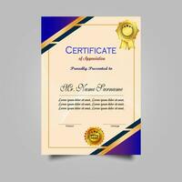 certificado de logro modelo conjunto con oro Insignia y borde, apreciación y logro certificado modelo diseño. elegante diploma certificado modelo vector