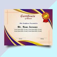 certificado de logro modelo conjunto con oro Insignia y borde, apreciación y logro certificado modelo diseño. elegante diploma certificado modelo vector