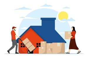 Concept of moving to a new House. People have been relocated to new places. people lift boxes containing furniture at home. Mobile Furniture with Flat Transport style design. Vector Illustration.