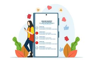 en línea encuesta y encuesta concepto, en línea encuesta resultados personaje supervisión utilizando inteligente teléfono, a hacer lista papel notas, lata ser usado para, aterrizaje página, plantilla, ui, web, página principal, póster. vector