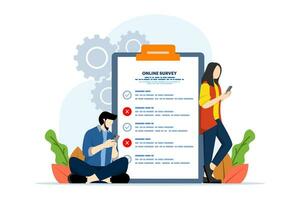 online poll and survey concept, online survey results character monitoring using smart phone, to make list paper notes, can be used for, landing page, template, ui, web, homepage, poster. vector