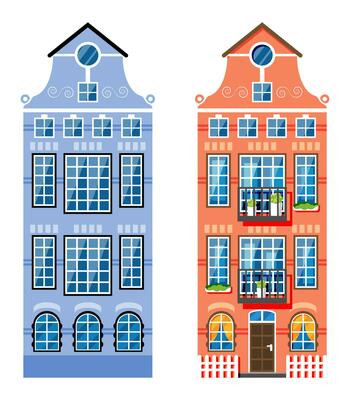Residential House Icon in Dutch Style. Amsterdam Old Building Isolated on White. Historic Facade with Windows, Door, Flowers and Curtains. Architecture of Netherlands. Cartoon Flat Vector Illustration