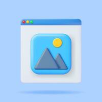 3D Gallery Icon in Browser Window Isolated. Minimal Mountains with Sun Under Blue Sky. Cartoon Render Photo Icon. App Image File. JPG Photo Symbol. Simple Geometric Element Design. Vector Illustration