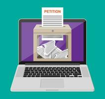 Petition box, document on laptop screen. Sign petition online. Concept of change over the Internet. Vector illustration in flat style