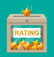 Rating box. Reviews five stars. Testimonials, rating, feedback, survey, quality and review. Vector illustration in flat style