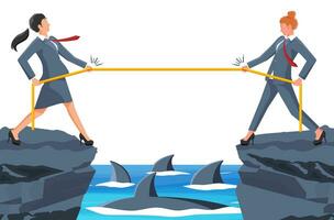 Two Businesswoman Pull of Rope near Gap with Sharks. Woman Tug of War and Look at Each Other. Business Target, Rivalry, Competition, Conflict. Achievement, Goal Success. Flat Vector Illustration