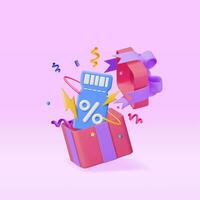 3d cupón con por ciento símbolo en regalo caja aislado. hacer descuento vale o cupón. blanco boleto compras papel. promocional oferta confirmación. prima compra, regalo concepto. vector ilustración