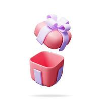 3D Gift Box Isolated on White. Render Colorful Wrapped Box. Christmas. New, Year, Sale, Shopping. Present Box with Bows and Ribbons. Giftbox for Valentine, Birthday and Holiday. Vector Illustration