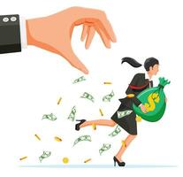 Hand tries to grab the bag of money running businesswoman. Stealing money, tax, debt, fee, crisis and bankruptcy. Protection, banking, property. Vector illustration in flat style