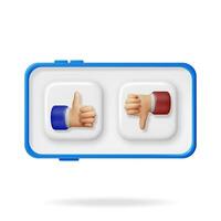 3D Thumbs Up and Thumbs Down Hands Gestures in Mobile Phone Isolated. Render Like and Dislike Hand Symbols on Screen. Customer Rating or Vote Icons. Cartoon Fingers Gestures. Vector Illustration