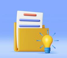 3D Business Folder full of Papers and Idea Bulb Isolated. Render Yellow Folder for Correspondence, File for Paper Documents. Open Folder Icon, Manila Archive Case or Ring Binder. Vector Illustration
