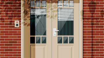 Wooden cottage door with windows and window blind on street. Closed door with chrome handle and bell button at front door. Concept of invitation to enter or new opportunity. Flat vector illustration