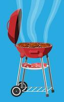 Round barbecue grill. Bbq icon. Electric grill. Device for frying food. Fresh meat and steak. Vector illustration in flat style