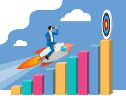 Successful business man flying on rocket on graph going up to target. Businessman on flying space ship. New business or startup. Idea, growing, success, start up strategy. Flat vector illustration