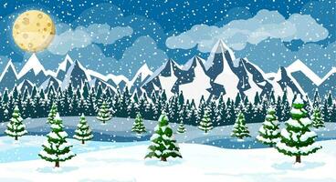 Winter christmas background. Pine tree wood and snow. Winter landscape with fir trees forest, mountain and snowing. Happy new year celebration. New year xmas holiday. Vector illustration flat style