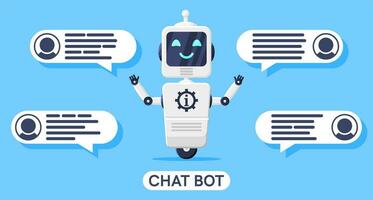 Happy Smiling Robot with Bubble Speech Isolated. Chat Bot with Talking Dialog. Chatbot Robot Greets. Artificial Intelligence, AI Helper. Service and Support Assistant. Cartoon Flat Vector Illustration