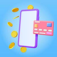 3d teléfono inteligente con dinero en aire y banco tarjeta aislado. hacer móvil teléfono con oro moneda. móvil en línea pago y transferir. finanzas, inversión, dinero ahorro. móvil bancario. vector ilustración