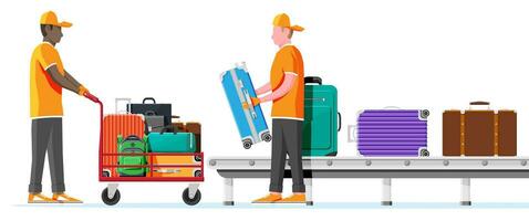 Modern And Vintage Travel Bag On Hand truck. Male Mover, Airport Conveyor Belt. Plastic, Leather Business Case. Trolley On Wheels. Travel Backpack, Urban Baggage And luggage. Flat Vector Illustration