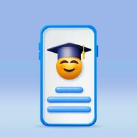 3D Happy Smiling Emoticon in Graduate Cap in Phone. Render Smartphone with Smile Student in Graduation Hat. Mortarboard Hat. Online Education Concept E-learning, Online Courses. Vector Illustration