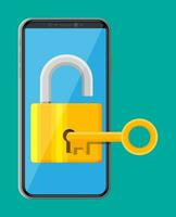 Modern smartphone with padlock and key. Phone with lock on screen. Mobile security, safety, protection concept. Network and internet security. Vector Illustration in flat style