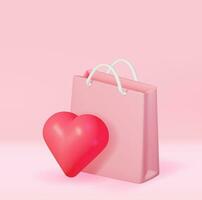 3D Pink Shopping Bag with Big Heart. Render Gift Handbag with Handle and Red Heart. Valentine Day, Birthday Card, Product Display Presentation Advertisement. Realistic Vector Illustration