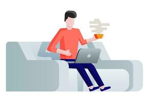 Freelancer on sofa working at home with laptop computer. Man sitting on chair with notebook for work from home. Isolated flat vector illustration