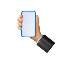 3d Realistic Hand Holding Smartphone with Empty Screen. Front View Smart Phone in Hand Mockup Render. 3D Telephone Blue Color. Modern Mobile Gadget Device Icon. Vector Illustration