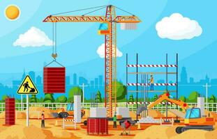 Construction Site Banner. Mixer, Workers, Concrete Piles, Tower Crane. Under Construction Design Background. Building Materials and Equipment. Cityscape, Skyline. Cartoon Flat Vector Illustration