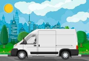 White delivery at cityscape background. Express delivering services commercial truck. Concept of fast and free delivery by car. Cargo and logistic. Cartoon flat vector illustration