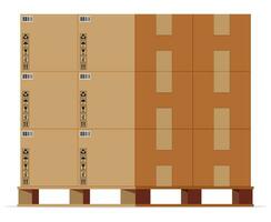 cartulina cajas pila en de madera paleta aislado en blanco. caja de cartón entrega embalaje cerrado, sellado, cúbico, grande y pequeño caja con frágil señales. vector ilustración en plano estilo