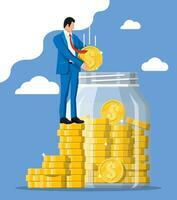 Businessman putting big dollar coin in moneybox. Glass money jar full of gold coins. Growth, income, savings, investment. Symbol of wealth. Business success. Flat style vector illustration.