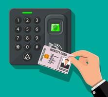 Password and fingerprint security device at office or home door. Hand with id card. Access control machine or time the attendance. Proximity card reader. Vector illustration in flat style