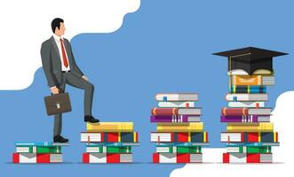 Businessman on stack of books. Business man with briefcase. Education and study. Business success, triumph, goal or achievement. Winning of competition. Vector illustration flat style
