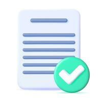 3D Paper Blank with Checklist Symbol. Paper Sheet and Green Check Mark Icon. Checkmark Tick Confirmation. Right Choice. Agreement, Approval or Trust. Vector Illustration