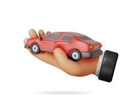 3D Car Vintage Model in Hand. Render Bright Realistic Car. Classic Sedan Motor Vehicle. Plastic Toy Auto. Advertising For Driving School Carsharing and Repair Service. Cartoon Vector Illustration