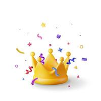 3D Gold Crown Icon and Confetti. Render Colorful Confetti Around Crown. Symbol for VIP, Rich, Winner Luxury Premium Success. Customer Feedback, Rating or Status Signs. Realistic Vector Illustration