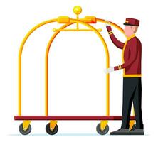 Empty Hotel Luggage Cart and Bellhop Character. Bellboy Worker with Hotel Baggage Trolley Without Bags Isolated. Handtruck for Transportation in Hotel. Vacation and Travel. Flat Vector Illustration