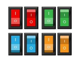 Classic red electric switch. Square power selector. Switcher with rgb light. Off and on position. Electrical equipment. Vector illustration in flat style
