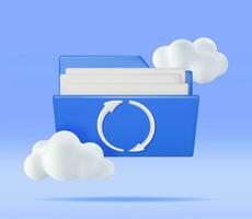 3D Blue Folder in Clouds with File Sync Icon Isolated. Render Computer File Folder with Synchronization Cloud. Data Center, Cloud Storage Concept. Online Backup. Internet Archive. Vector Illustration