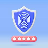 3D Locked Password Field and Fingerprint in Shield. Render Password with Finger Print Safeguard. Computer Data Protection Security. User Login Biometric Authorization. Vector Illustration