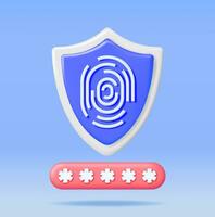 3D Locked Password Field and Fingerprint in Shield. Render Password with Finger Print Safeguard. Computer Data Protection Security. User Login Biometric Authorization. Vector Illustration