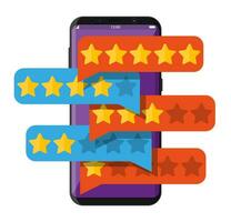 Chat clouds with golden stars on smartphone screen. Reviews five stars. Testimonials, rating, feedback, survey, quality and review. Vector illustration in flat style