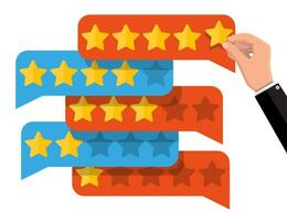 Chat clouds with golden stars. Reviews five stars. Testimonials, rating, feedback, survey, quality and review. Vector illustration in flat style