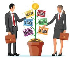 Successful franchise money tree and business people. Franchising shop building or commercial property. Real estate business promotional, sme. Selling buying new business. Flat vector illustration