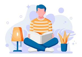 Young man sitting cross-legged and read book. Boy in lotus pose with book. Creative job or studying, education concept. Prepares to exams. Student with textbook. Cartoon flat vector illustration