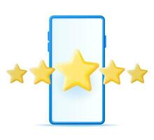 3D Smartphone with Customer Feedback Isolated. Reviews Toy Round Star in Phone Realistic Render. Testimonials, Rating, Feedback, Survey, Quality and Review. Achievements or Goal. Vector Illustration