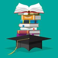 Graduation cap on stack of books. Academic and school knowledge, education and graduation. Reading, e-book, literature, encyclopedia. Vector illustration in flat style
