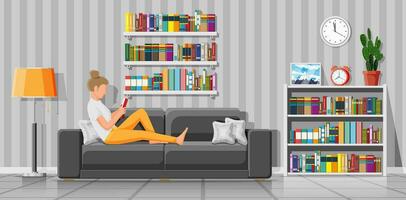 Young girl with book. Woman with textbooks on couch. Female character lying on sofa reading book. Bookshelf, education, learning concept. Home library. Cartoon flat vector illustration