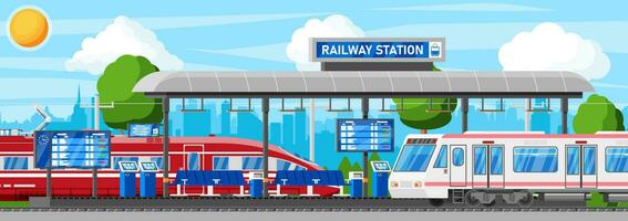 Modern Railway Station with High Speed Train and Platform with Schedule. Super Streamlined Train. Passenger Express Railway Locomotive. Railroad Public Transportation Subway. Flat Vector Illustration