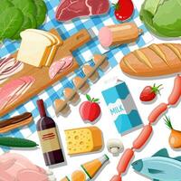 Groceries set. Grocery store collection. Supermarket. Fresh organic food and drinks. Milk, vegetables, meat, chicken cheese, sausages, wine fruits, fish cereal juice. Vector illustration flat style